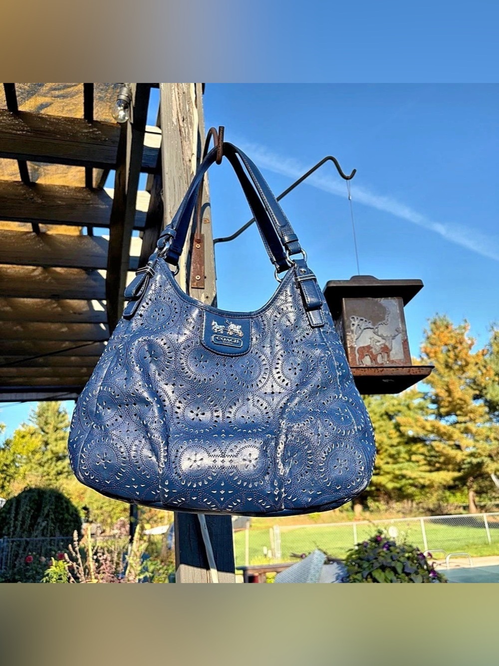 Coach Madison Maggie Laser Cut Perforated Blue Leather Hobo Bag Vintage 2012